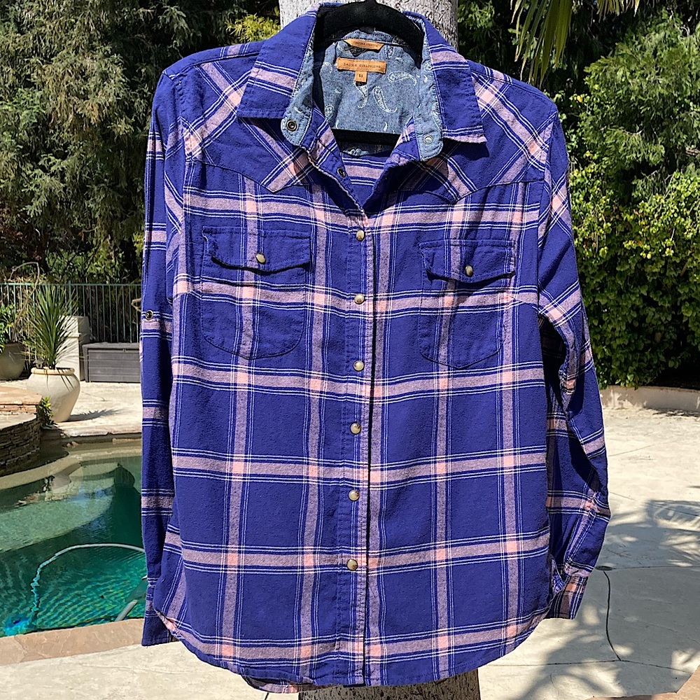 Jacks Girlfriend Plaid Flannel Snap Down Long Sleeve Cobalt Blue and Pink